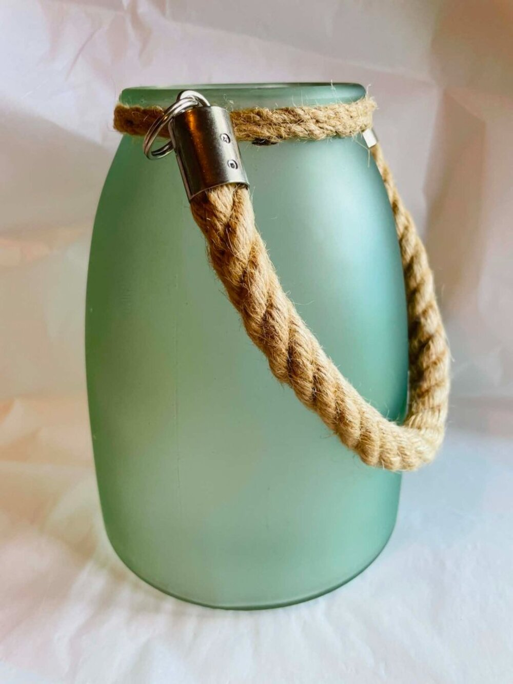 Seafoam Frosted Glass Hurricane Vase Rope Handle Coastal Lantern Candle Holder